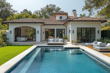 Fototapeta premium Beautiful single-story modern farmhouse home in La Jolla, San Diego, with white walls, shingle roof, green lawn, and pool area on a sunny day.