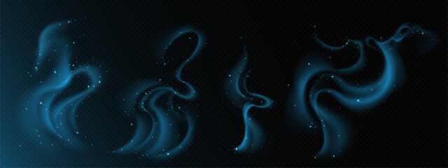 Magic smoke stars set isolated on transparent background. Vector realistic illustration of neon blue mist swirls, snow or stars sparkling in night sky clouds, galaxy nebula, mysterious light effect