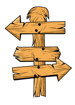 A wooden directional sign, a blackboard for inscriptions, a wooden sign on a white background.