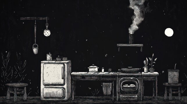 Nighttime kitchen scene, rustic stove smoking, moonlit