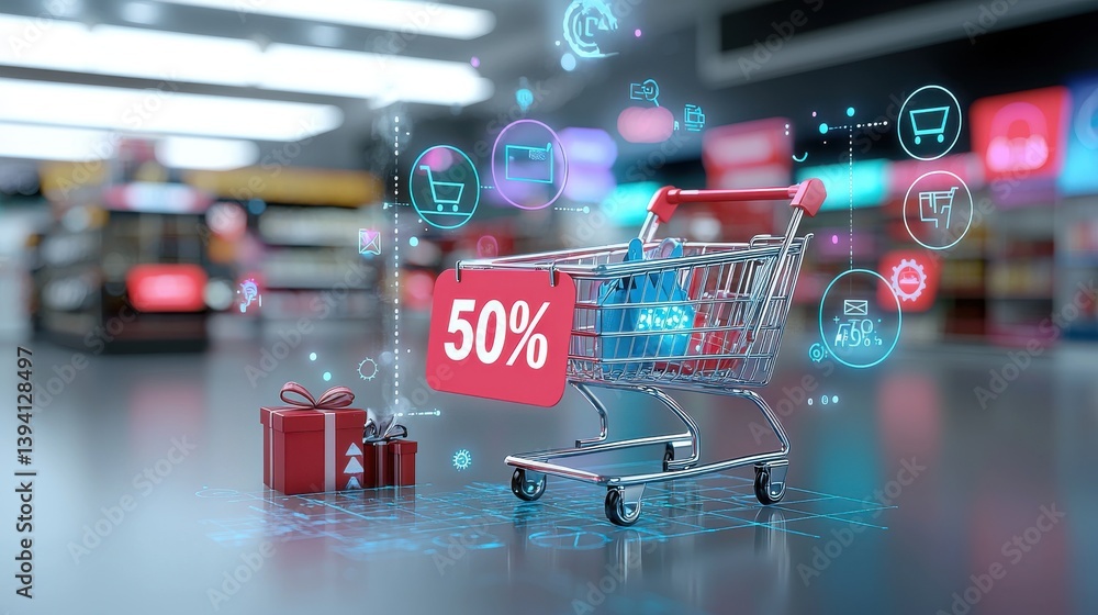 Poster shopping cart with a 50 discount sign displayed in a futuristic digital retail setting with various 