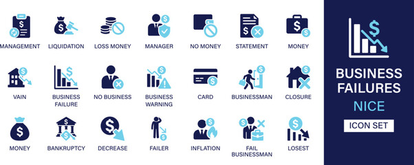 Business Failures icon set collection. Management, liquidation, loss money, manager, no money, statement, vain, card, closure, bankruptcy and best solid icon set.
