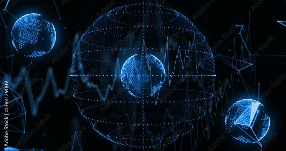 Poster digital globe surrounded by data waves and network connections animation