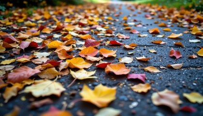 Leaves scattered along a path, suggesting a tranquil autumn walk.
