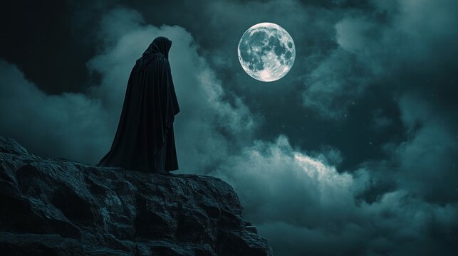 Dark Figure on Cliff at Night, Full Moon