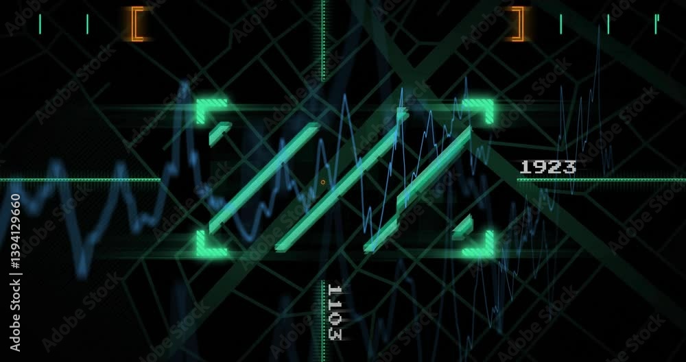 Poster animation of green digital interface with fluctuating lines and numbers