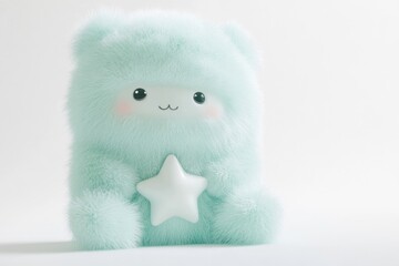 Adorable fluffy teal creature holding a star, cute and whimsical 3D render.