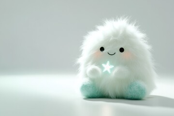 A fluffy white creature with teal feet holds a glowing star, conveying happiness and cuteness.