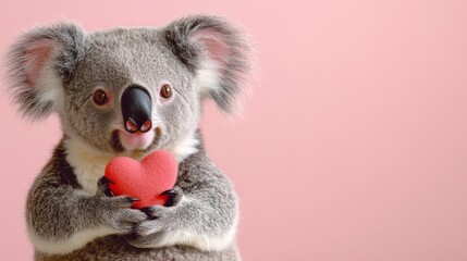 Fototapeta premium Gray Koala Holding Red Heart Plush Toy Against Pink Background for Valentines Day Celebration