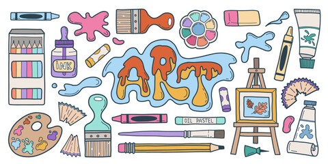 Set of artist supplies. Collection of colored art tools paint brushes, easel, palette, pencil, pin. Painter accessories. Art supplies. Vector illustration isolated on white background.