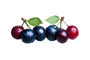 A Fresh cherries with droplets of water glistening on their surface, showcasing vibrant mix of red and dark purple colors, surrounded by green leaves, evoke sense of freshness and vitality