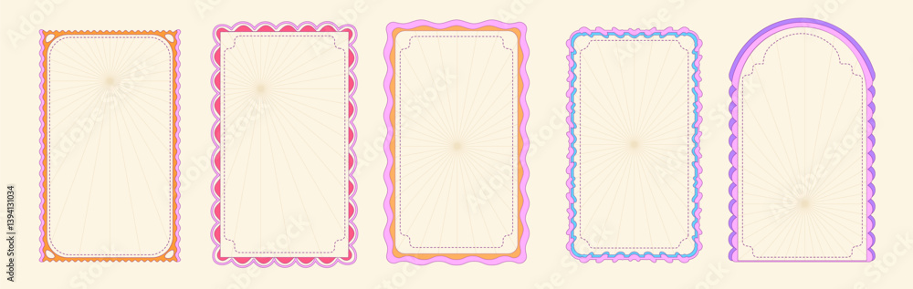 Poster scallop shape frame set for decoration - colorful wavy rectangular and arch borders with stitch patt