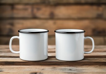 Two White Enamel Mugs on Rustic Wooden Surface Display
