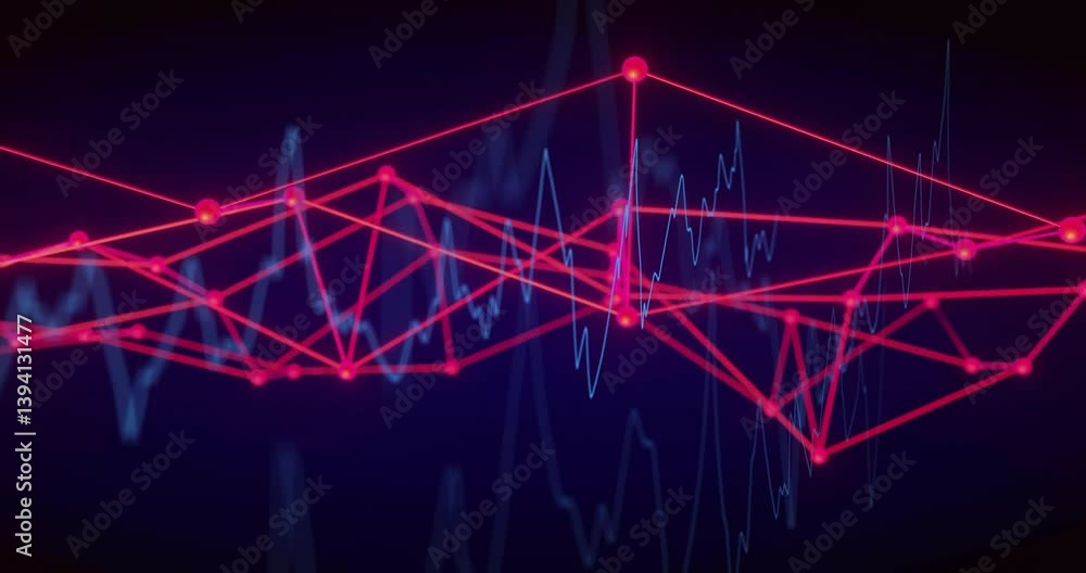 Poster animation of red network connections over fluctuating blue graph lines