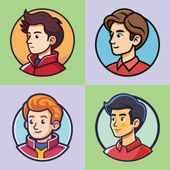 Collection of Four Cartoon Men Profile Pictures with Different Hairstyles and Red Shirts