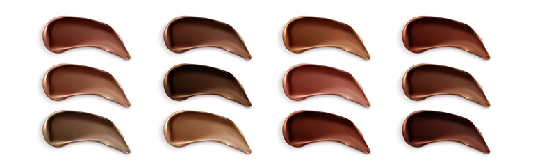 Dark skin foundation strokes set isolated on white background. Vector realistic illustration of brown tone palette, face skin concealer swatches, makeup fluid or cream samples, chocolate paint smears