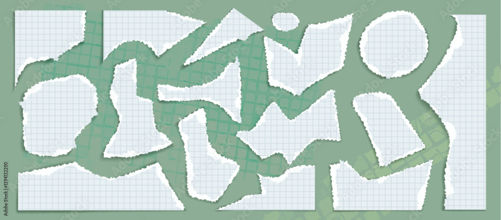 Poster torn notebook paper pieces set isolated on green background. vector realistic illustration of blank 