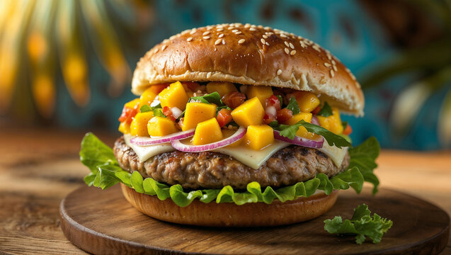turkey burger with Caribbean-style mango salsa