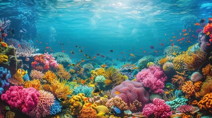 Naklejka premium Vibrant underwater scene with colorful corals and diverse fish species.