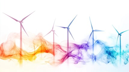 Colorful wind turbines with smoke