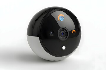 Modern Rounded Security Camera with Lens, Orange Accents on a White Background