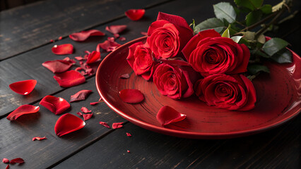 Red roses and petals on a dark wooden table, perfect for Valentine's Day.