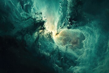 Fototapeta premium A mesmerizing cosmic nebula swirls in teal and gold, stars scattered across the dark expanse.