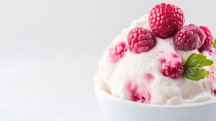 A scoop of creamy vanilla ice cream topped with fresh ripe raspberries in a white bowl, close-up shot with vibrant colors, and dessert concept.