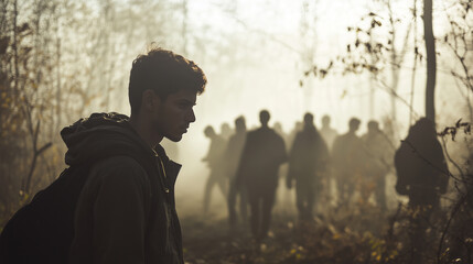 Teenager in misty forest with group of shadowy figures