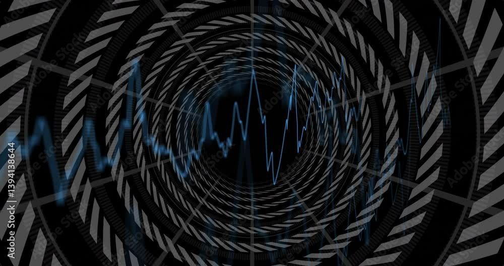 Poster blue waveform animation over circular geometric patterns in dark abstract design
