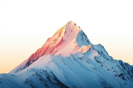 Majestic snow-capped mountain peak glowing in the sunrise, a breathtaking winter landscape.