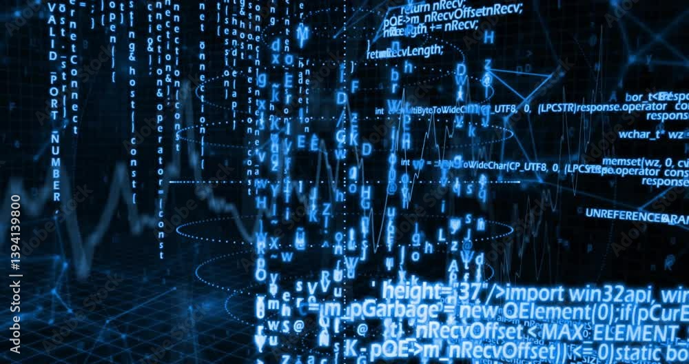 Poster animation of digital code and data streams forming patterns in blue tones