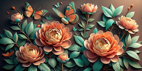 Fototapeta premium Delicate Coral Peonies and Mint Leaves in a Surreal Pastel Setting with Butterflies A Dreamlike Floral Still Life