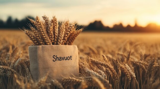 Wheat sheaf with Shavuot inscription in a sunlit field during harvest season