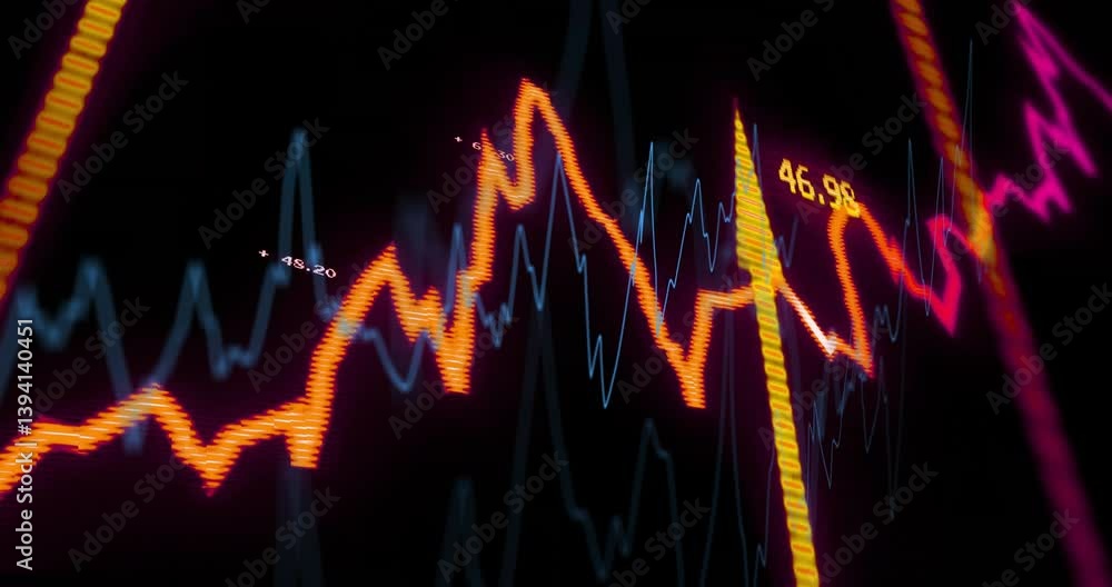 Poster financial graph with vibrant lines and numerical data fluctuating on black background