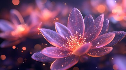 Fototapeta premium Purple Lotus Flower with Glittering Sparkles Close Up with Soft Glowing Light
