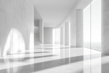 Obraz premium Abstract white interior with minimalist architectural elements, empty room background, simple geometric shapes in modern building design.
