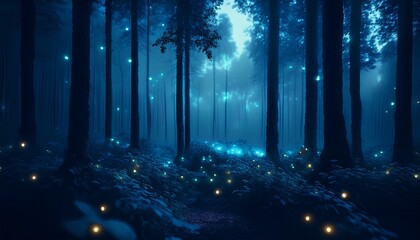 Obraz premium 夜に森の中で輝く無数のホタルの光の3Dイラスト