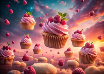 Dreamy Pink Raspberry Cupcakes Surreal Dessert Photography Captures Delicate Flavors and Vibrant Colors
