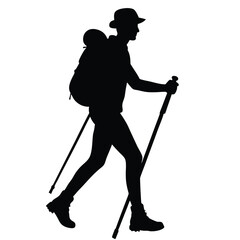 Silhouette Of A Hiker With Backpack And Trekking Poles Isolated On White.