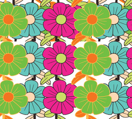 seamless pattern with flowers.Vibrant Floral Pattern with Colorful Flowers and Lush Green Leaves Perfect for Backgrounds, Fabrics, or Stationery Designs in Cheerful Aesthetic