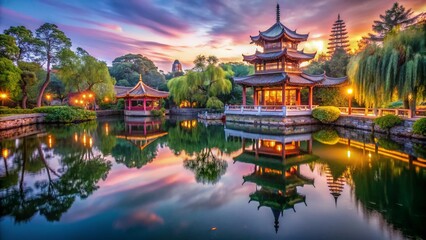 Fototapeta premium A Tranquil Chinese Garden Pond at Dusk Surreal Reflections and Mystical Ambiance