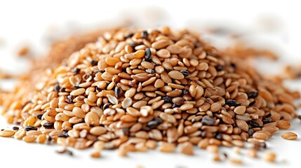 Heap of Mixed Sesame Seeds on White Background Macro Shot of Food Ingredient