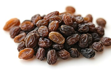 Obraz premium Close Up Pile of Plump Brown Raisins, Naturally Sweet Dried Fruit on White Background