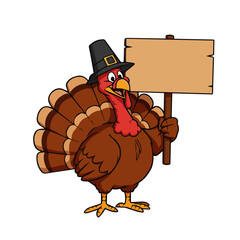 Pilgrim Turkey cartoon holding sign. Illustration.