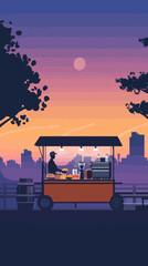 Fototapeta premium Evening City Park Food Stall with Mobile Coffee and Drink Cart in Minimalist Vector