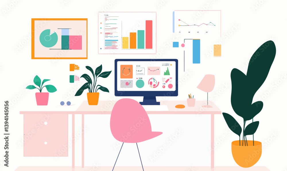 Aufkleber minimalist workspace with customizable data visualization and plant decor in svg vector