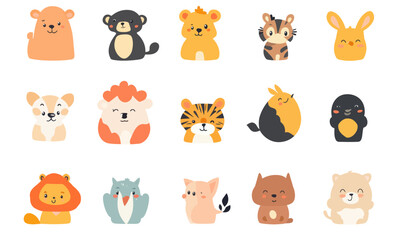 Cute Cartoon Baby Animal Characters Set in Minimalist Vector Style Illustration