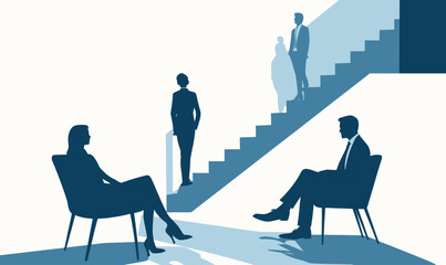 Vector Business Team Climbing Success Ladder in Minimalist Office Setting