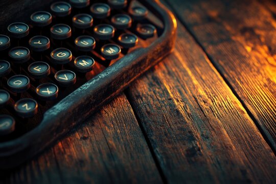Close-up of an antique typewriter on a rustic wooden surface, bathed in warm light. - Powered by Adobe